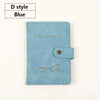 A light blue D style passport cover made of premium PU leather with gold foil printing.