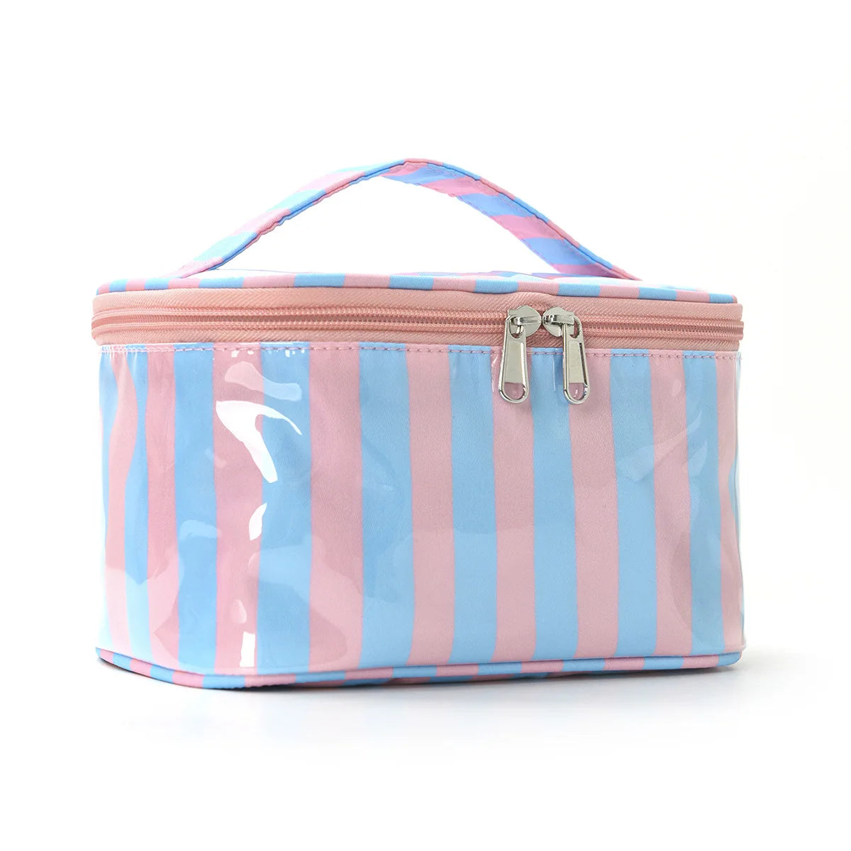 Bolsa de almacenamiento cosmético con rayas verticales rosas y azules, exterior de plástico transparente y cremallera platead