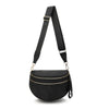 Schwarze karierte Crossbody-Tasche mit schwarzem Riemen und goldfarbenem Zierwerk