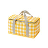 A yellow and white checkered insulated picnic tote with gray straps.