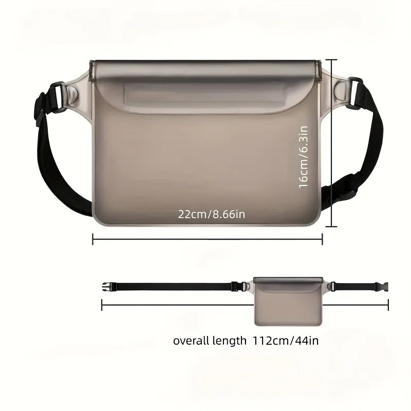 A beige waterproof mobile phone pouch with a strap, shown from the top and side.