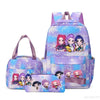 A purple multi-compartment backpack set featuring cute anime characters on the fabric.