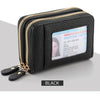 A black multi-slot PU leather card and ID wallet with a gold zipper and an enhanced driver's license visible inside.