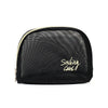 A black mesh travel cosmetic storage pouch with gold lettering on the front.