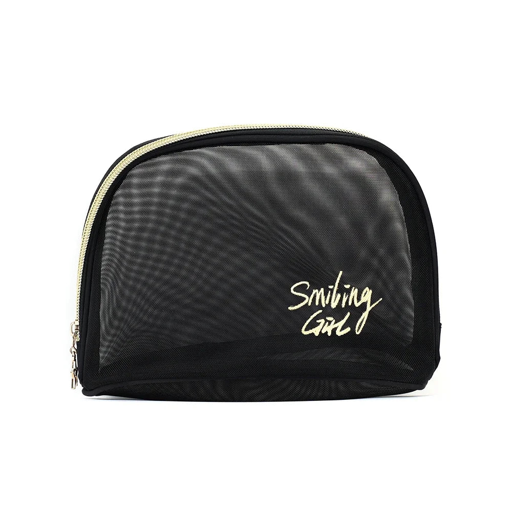 A black mesh travel cosmetic storage pouch with gold lettering on the front.