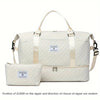 A cream-colored duffel bag with a matching pouch shown in a studio setting.