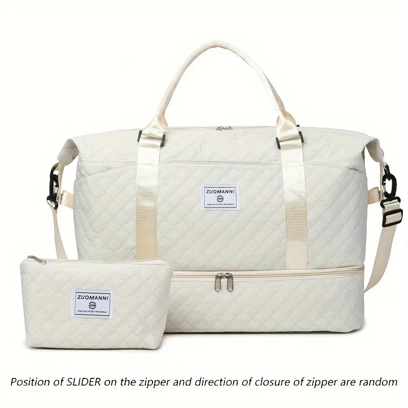 A cream-colored duffel bag with a matching pouch shown in a studio setting.