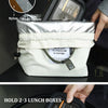 A brown waterproof insulated lunch bag with a drawstring closure shown in various angles.