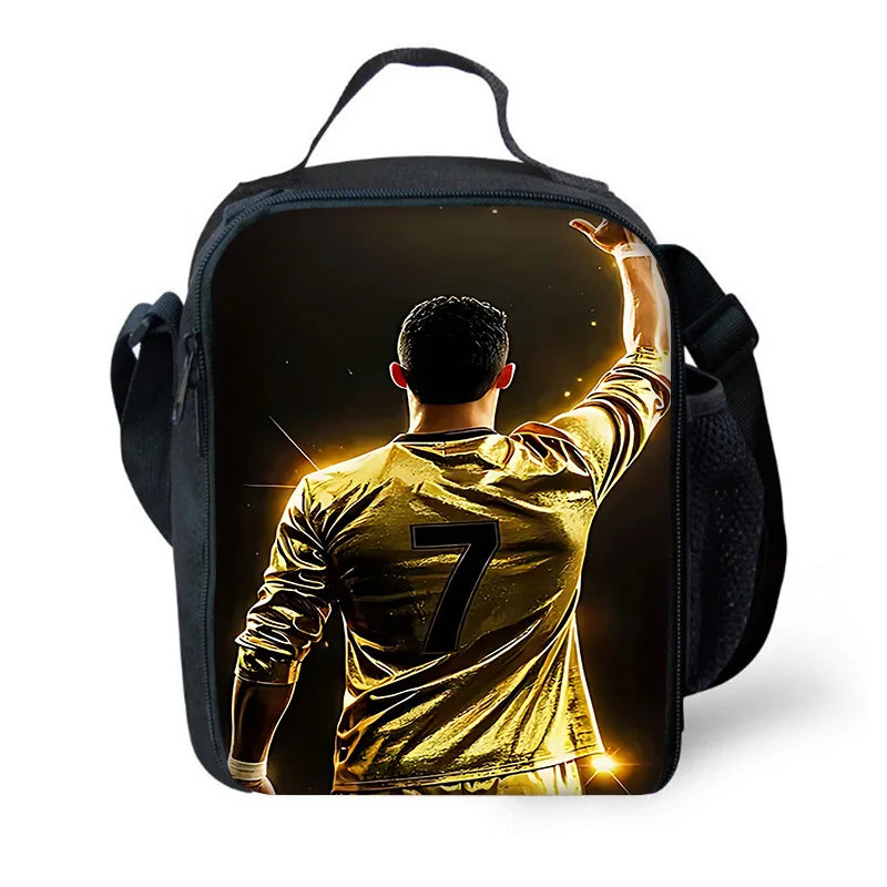 A black backpack featuring a graphic of a soccer player in a yellow jersey raising his arm.