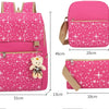 Pink sparkly backpack with a bear charm and canvas material shown in multiple views