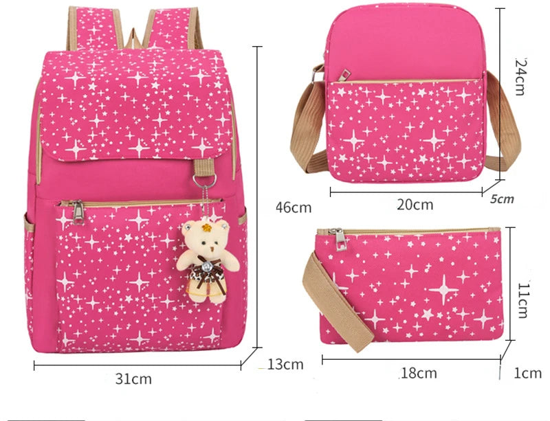 Pink sparkly backpack with a bear charm and canvas material shown in multiple views