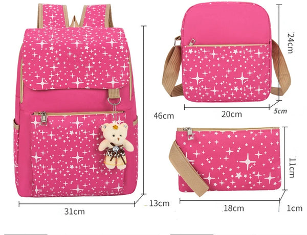 Pink sparkly backpack with a bear charm and canvas material shown in multiple views