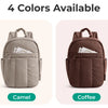Four colors of a large capacity laptop backpack are displayed: black, camel, coffee, and pink.