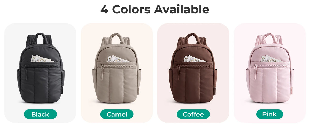 Four colors of a large capacity laptop backpack are displayed: black, camel, coffee, and pink.