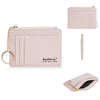 A light pink Baellery card holder wallet with a gold chain and a separate slim card holder.