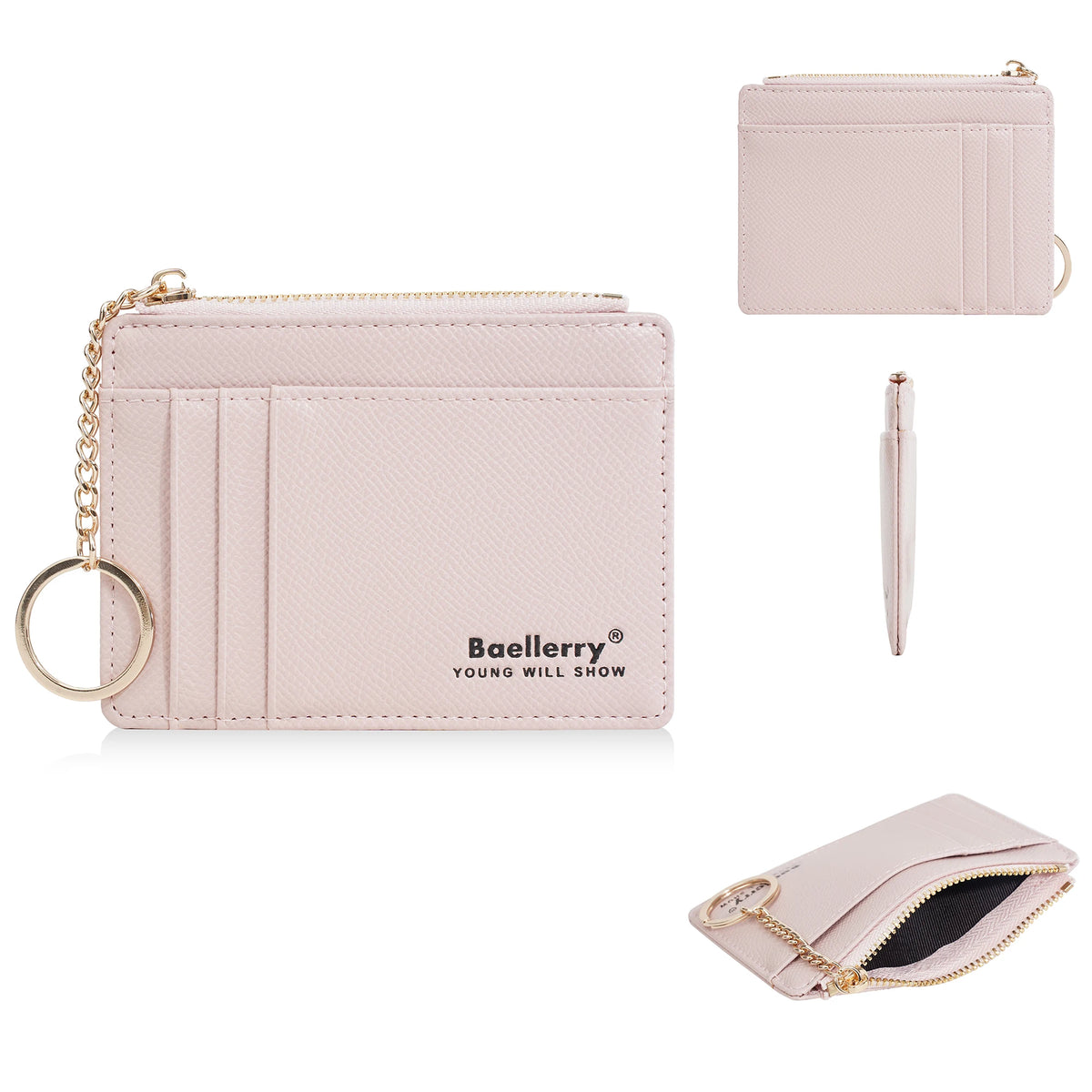 A light pink Baellery card holder wallet with a gold chain and a separate slim card holder.