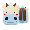 A light blue cartoon animal plush backpack shaped like a horse with brown ears and a yellow face.