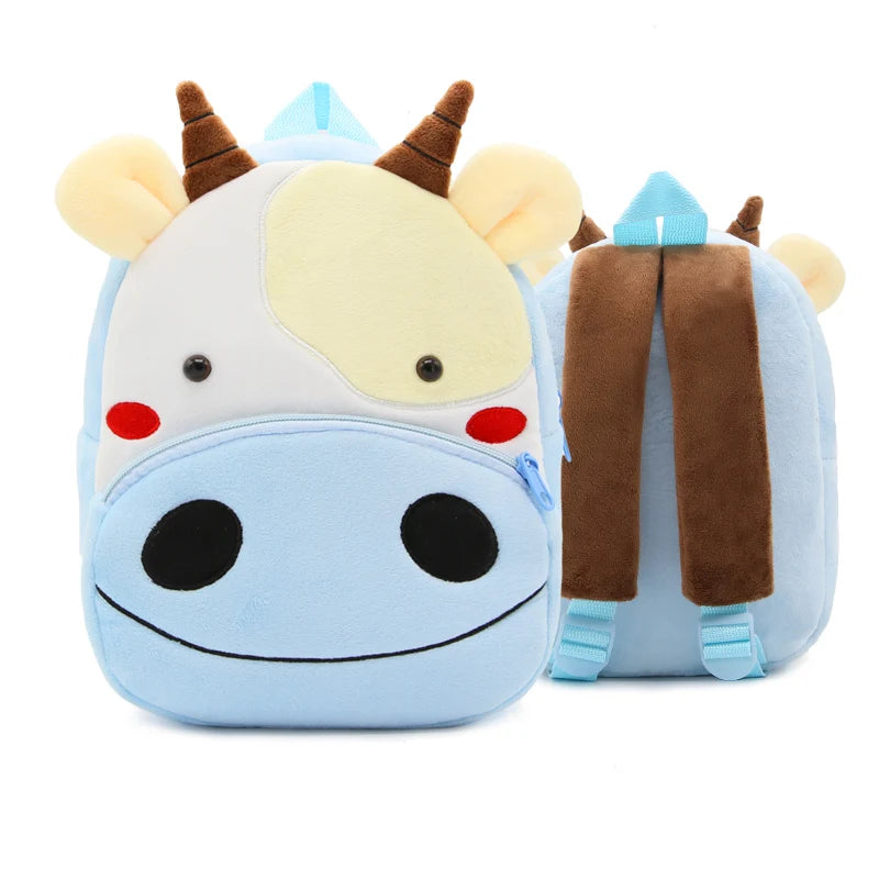 A light blue cartoon animal plush backpack shaped like a horse with brown ears and a yellow face.