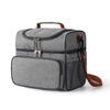 A gray insulated double-layer lunch bag with a carrying strap shown from the front.