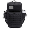 Black tactical backpack featuring an American flag patch and MOLLE webbing.