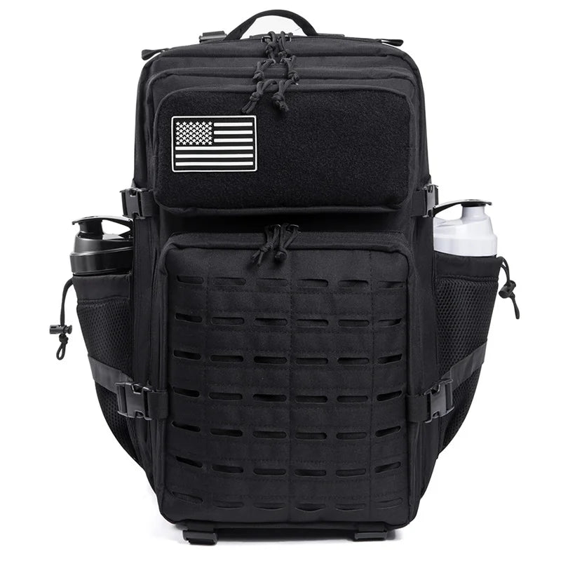 Black tactical backpack featuring an American flag patch and MOLLE webbing.