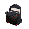 Black backpack with red accents and a flap closure, featuring a cartoon print design for kids.