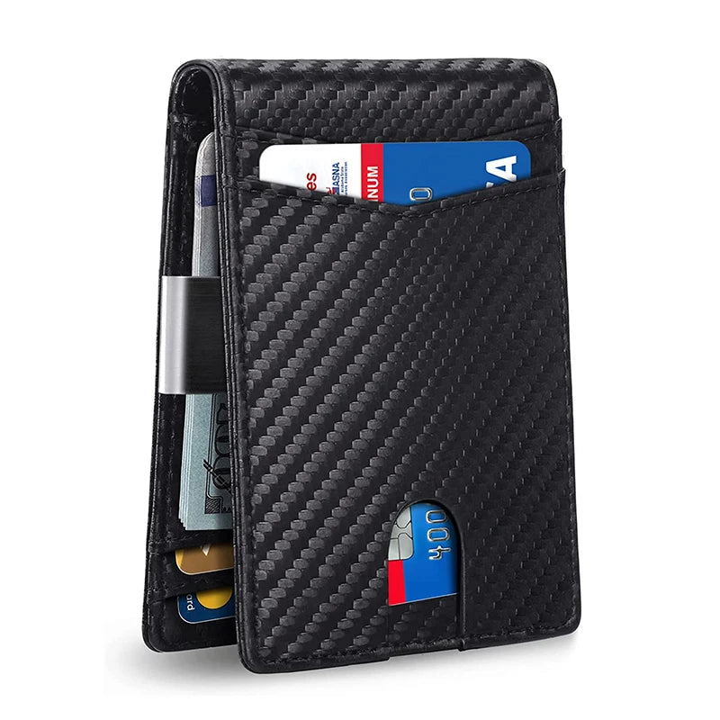 A black slim leather card wallet for men showing a blue and white card inside.