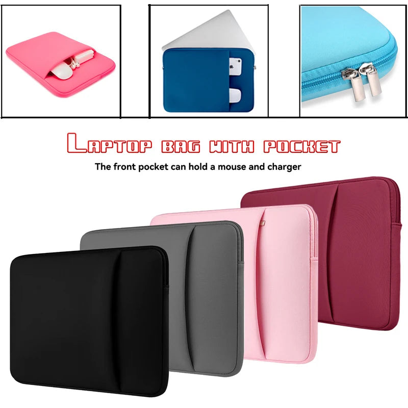 Various colored laptop bags and sleeves, including pink, blue, gray, and maroon options.