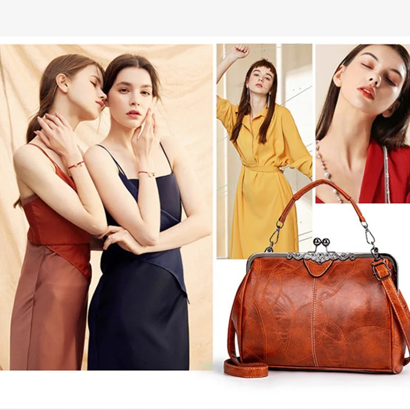 A brown leather crossbody shoulder bag displayed next to two women posing for a photo.