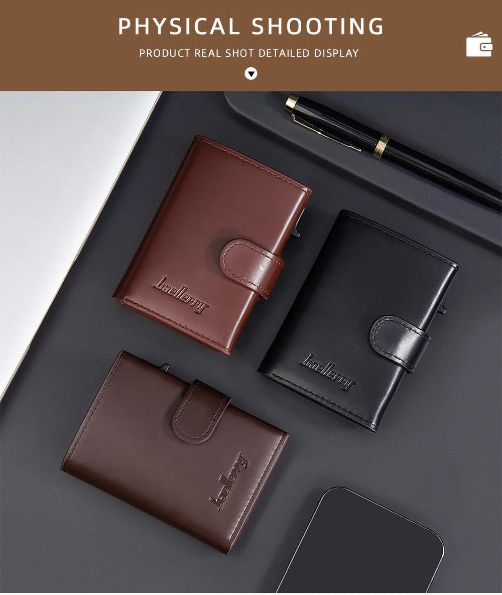 A display of brown and black leather card holders and a pen on a dark surface.