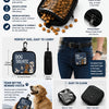 A black clip-on pouch for dog treats with a clear window, shown alongside various uses and training scenarios.