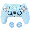 Light blue silicone grip cover for a PlayStation controller featuring a cat design.