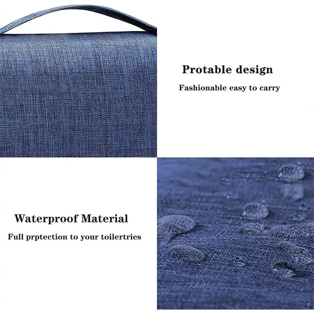 A dark blue fabric toiletry washbag with a hanging hook, highlighting its portable and waterproof features.