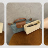 Three views of a tan leather felt mini bag organizer pouch in blue and beige colors.