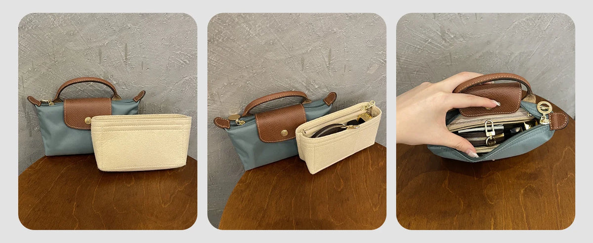 Three views of a tan leather felt mini bag organizer pouch in blue and beige colors.