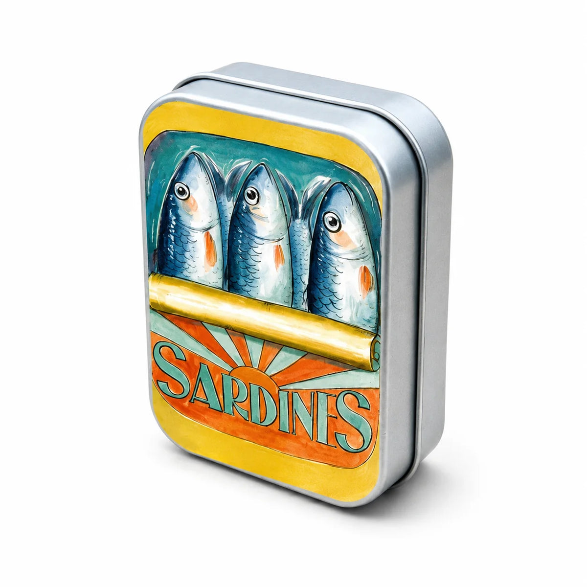 A silver metal box with a colorful print of sardines and a sun design on the lid.