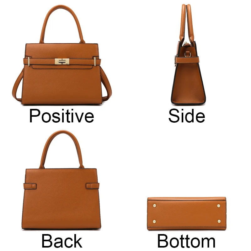 A brown leather handbag shown from the positive, side, back, and bottom angles.