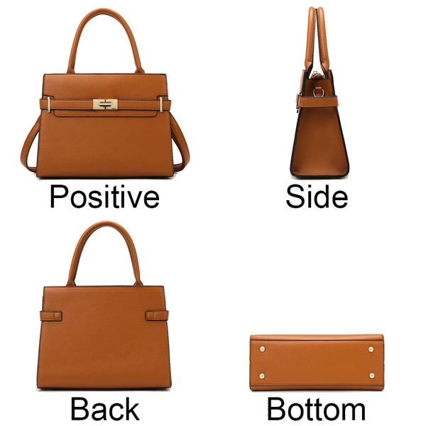 Braune Lederhandtasche aus verschiedenen Winkeln (vorne, Seite, hinten, unten).