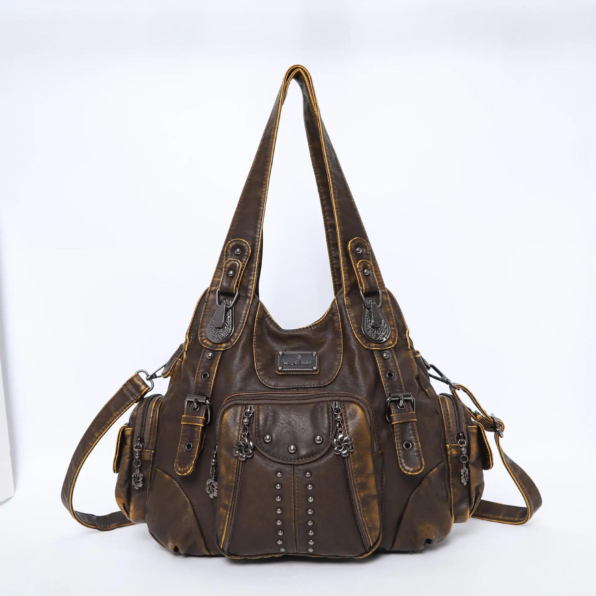 A brown vintage PU leather hobo shoulder bag with leather straps and hardware.
