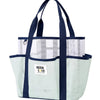 A light mint green mesh tote bag with navy blue handles and trim, featuring multiple pockets.