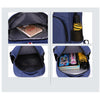 A blue cartoon anime backpack shown from the inside, displaying a padded compartment and yellow accents.
