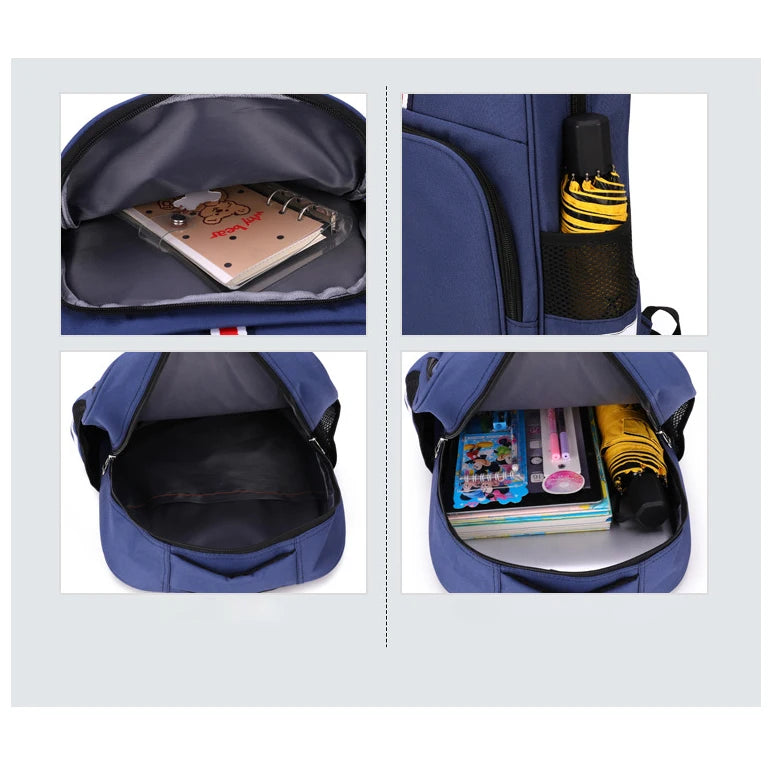 A blue cartoon anime backpack shown from the inside, displaying a padded compartment and yellow accents.