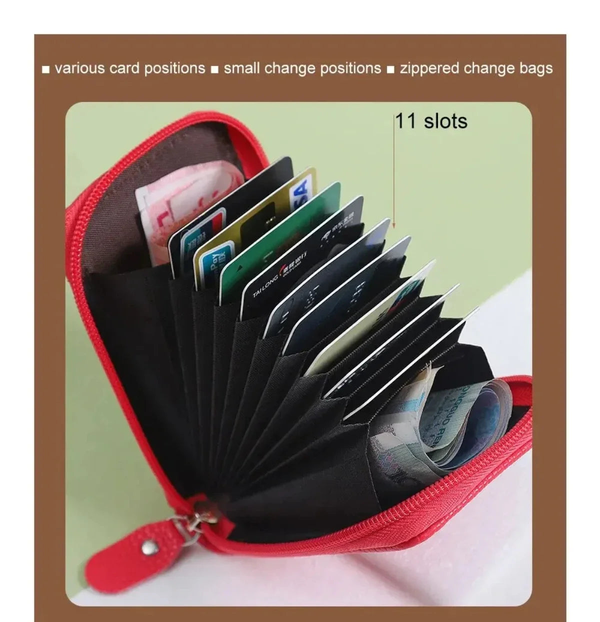 A red wallet with 11 slots is shown, displaying various card positions and zippered change bags.