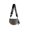 A black strap and checkered brown leather multi-functional waist bag.