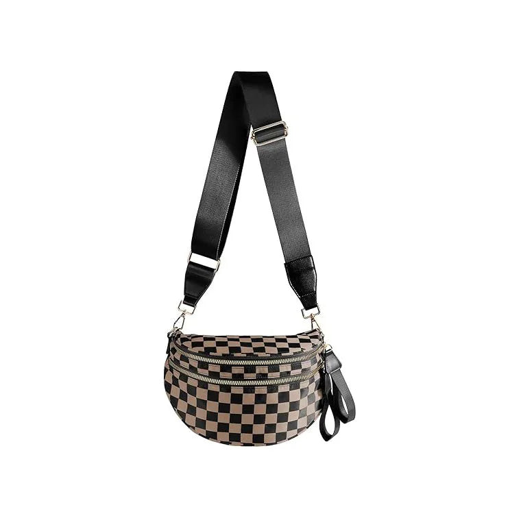 A black strap and checkered brown leather multi-functional waist bag.