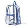 A clear blue transparent PVC daypack with a mesh pocket and a zipper.