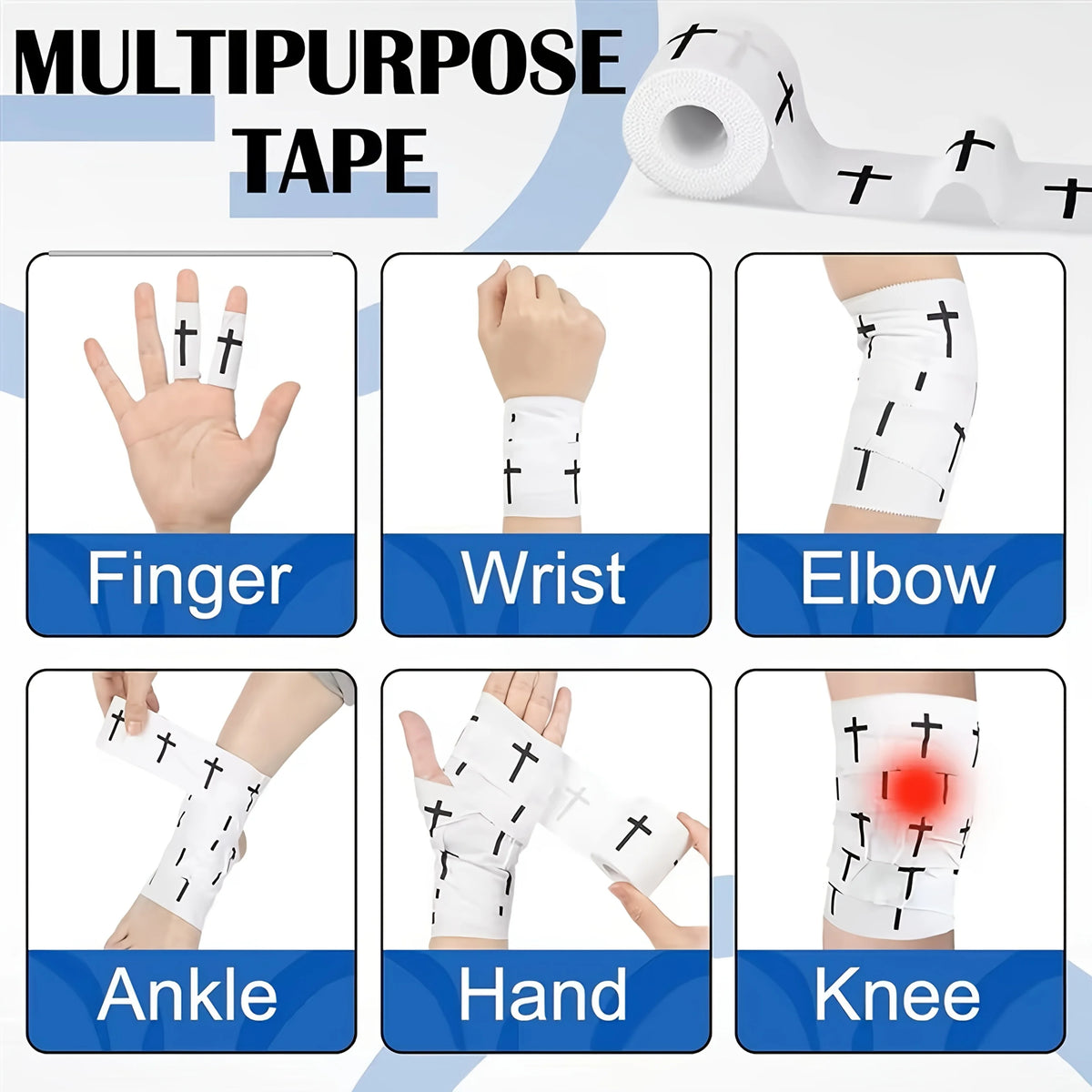 A set of multipurpose tape bandages shown on various body parts including finger, wrist, elbow, ankle, hand, and knee.