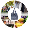 A circular infographic showing various uses for a reusable eco tote shopping bag, including going out for a party, clothes st