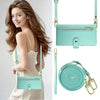A light mint green leather crossbody phone case for iPhone shown on a model.