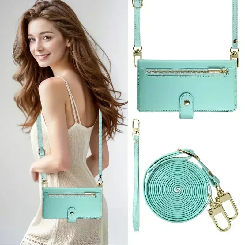 A light mint green leather crossbody phone case for iPhone shown on a model.